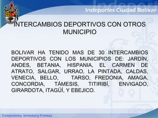 INTERCAMBIOS DEPORTIVOS CON OTROS
             MUNICIPIO


BOLIVAR HA TENIDO MAS DE 30 INTERCAMBIOS
DEPORTIVOS CON LOS MUNICIPIOS DE: JARDÍN,
ANDES, BETANIA, HISPANIA, EL CARMEN DE
ATRATO, SALGAR, URRAO, LA PINTADA, CALDAS,
VENECIA, BELLO,      TARSO, FREDONIA, AMAGA,
CONCORDIA,    TÁMESIS,     TITIRIBÍ, ENVIGADO,
GIRARDOTA, ITAGÜÍ, Y EBEJICO.
 
