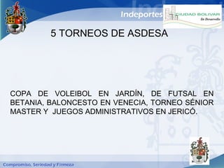 5 TORNEOS DE ASDESA




COPA DE VOLEIBOL EN JARDÍN, DE FUTSAL EN
BETANIA, BALONCESTO EN VENECIA, TORNEO SÉNIOR
MASTER Y JUEGOS ADMINISTRATIVOS EN JERICÓ.
 