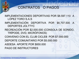 CONTRATOS O PAGOS

IMPLEMENTACIONES DEPORTIVAS POR $8.597.110 A
  LÓPEZ TORO S.A.S
IMPLEMENTACIÓN DEPORTIVA POR $6.707.500 A
  DEPORTES JOLTTYC
RECREACIÓN POR $2.000.000 (CONSOLA DE SONIDO,
  TRÍPODE, DVD, MICRÓFONOS)
CONVENIO CON EL CLUB CICLEB POR $7.000.000
DEPORTE COMUNITARIO POR $5.000.000
ASDESA APORTE POR $850.000
PAGO DE INSTRUCTORES
 