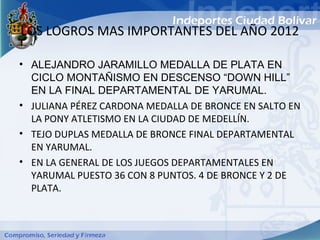 LOS LOGROS MAS IMPORTANTES DEL AÑO 2012

• ALEJANDRO JARAMILLO MEDALLA DE PLATA EN
  CICLO MONTAÑISMO EN DESCENSO “DOWN HILL”
  EN LA FINAL DEPARTAMENTAL DE YARUMAL.
• JULIANA PÉREZ CARDONA MEDALLA DE BRONCE EN SALTO EN
  LA PONY ATLETISMO EN LA CIUDAD DE MEDELLÍN.
• TEJO DUPLAS MEDALLA DE BRONCE FINAL DEPARTAMENTAL
  EN YARUMAL.
• EN LA GENERAL DE LOS JUEGOS DEPARTAMENTALES EN
  YARUMAL PUESTO 36 CON 8 PUNTOS. 4 DE BRONCE Y 2 DE
  PLATA.
 