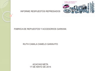 INFORME RESPUESTOS REPRESADOS
FABRICA DE REPUESTOS Y ACCESORIOS GARKAM.
RUTH CAMILA CAMELO GARAVITO
ACACIAS META
17 DE MAYO DE 2014
 