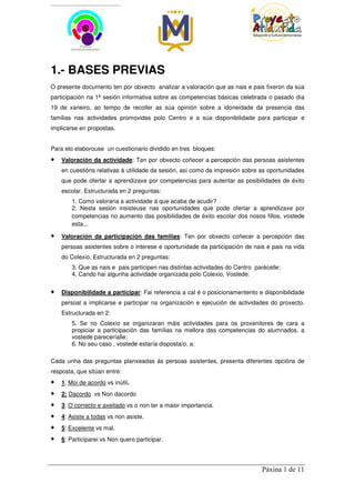 1.- BASES PREVIAS
O presente documento ten por obxecto analizar a valoración que as nais e pais fixeron da súa
participación na 1ª sesión informativa sobre as competencias básicas celebrada o pasado día
19 de xaneiro, ao tempo de recoller as súa opinión sobre a idoneidade da presencia das
familias nas actividades promovidas polo Centro e a súa disponibilidade para participar e
implicarse en propostas.


Para elo elaborouse un cuestionario dividido en tres bloques:
    Valoración da actividade: Ten por obxecto coñecer a percepción das persoas asistentes
    en cuestións relativas á utilidade da sesión, así como da impresión sobre as oportunidades
    que pode ofertar a aprendizaxe por competencias para autentar as posibilidades de éxito
    escolar. Estructurada en 2 preguntas:
        1. Como valoraria a actividade á que acaba de acudir?
        2. Nesta sesión insisteuse nas oportunidades que pode ofertar a aprendizaxe por
        competencias no aumento das posibilidades de éxito escolar dos nosos fillos, vostede
        esta...

    Valoración da participación das familias: Ten por obxecto coñecer a percepción das
    persoas asistentes sobre o interese e oportunidade da participación de nais e pais na vida
    do Colexio. Estructurada en 2 preguntas:
        3. Que as nais e pais participen nas distintas actividades do Centro parécelle:
        4. Cando hai algunha actividade organizada polo Colexio, Vostede:


    Disponibilidade a participar: Fai referencia a cal é o posicionamentento e disponibilidade
    persoal a implicarse e participar na organización e ejecución de actividades do proxecto.
    Estructurada en 2:
        5. Se no Colexio se organizaran máis actividades para os proxenitores de cara a
        propiciar a participación das famílias na mellora das competencias do alumnados, a
        vostede pareceríalle:
        6. No seu caso , vostede estaría disposta/o, a:

Cada unha das preguntas planxeadas ás persoas asistentes, presenta diferentes opcións de
resposta, que sitúan entre:
    1: Moi de acordo vs inútil.
    2: Dacordo vs Non dacordo
    3: O correcto e axeitado vs o non ter a maior importancia.
    4: Asiste a todas vs non asiste.
    5: Excelente vs mal.
    6: Participarei vs Non quero participar.




                                                                                Páxina 1 de 11
 