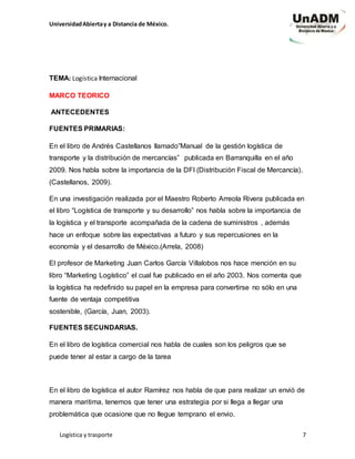 UniversidadAbiertay a Distancia de México.
Logística y trasporte 7
TEMA: Logística Internacional
MARCO TEORICO
ANTECEDENTES
FUENTES PRIMARIAS:
En el libro de Andrés Castellanos llamado”Manual de la gestión logística de
transporte y la distribución de mercancías” publicada en Barranquilla en el año
2009. Nos habla sobre la importancia de la DFI (Distribución Fiscal de Mercancía).
(Castellanos, 2009).
En una investigación realizada por el Maestro Roberto Arreola Rivera publicada en
el libro “Logística de transporte y su desarrollo” nos habla sobre la importancia de
la logística y el transporte acompañada de la cadena de suministros , además
hace un enfoque sobre las expectativas a futuro y sus repercusiones en la
economía y el desarrollo de México.(Arrela, 2008)
El profesor de Marketing Juan Carlos García Villalobos nos hace mención en su
libro “Marketing Logístico” el cual fue publicado en el año 2003. Nos comenta que
la logística ha redefinido su papel en la empresa para convertirse no sólo en una
fuente de ventaja competitiva
sostenible, (García, Juan, 2003).
FUENTES SECUNDARIAS.
En el libro de logística comercial nos habla de cuales son los peligros que se
puede tener al estar a cargo de la tarea
En el libro de logística el autor Ramírez nos habla de que para realizar un envió de
manera maritima, tenemos que tener una estrategia por si llega a llegar una
problemática que ocasione que no llegue temprano el envio.
 