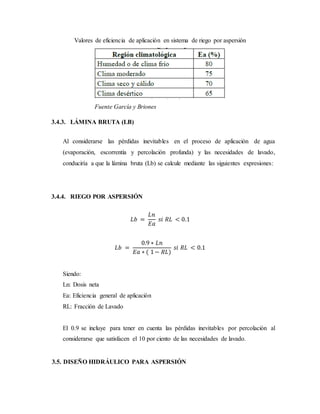 Valores de eficiencia de aplicación en sistema de riego por aspersión
Fuente García y Briones
3.4.3. LÁMINA BRUTA (LB)
Al considerarse las pérdidas inevitables en el proceso de aplicación de agua
(evaporación, escorrentía y percolación profunda) y las necesidades de lavado,
conduciría a que la lámina bruta (Lb) se calcule mediante las siguientes expresiones:
3.4.4. RIEGO POR ASPERSIÓN
𝐿𝑏 =
𝐿𝑛
𝐸𝑎
𝑠𝑖 𝑅𝐿 < 0.1
𝐿𝑏 =
0.9 ∗ 𝐿𝑛
𝐸𝑎 ∗ ( 1− 𝑅𝐿)
𝑠𝑖 𝑅𝐿 < 0.1
Siendo:
Ln: Dosis neta
Ea: Eficiencia general de aplicación
RL: Fracción de Lavado
El 0.9 se incluye para tener en cuenta las pérdidas inevitables por percolación al
considerarse que satisfacen el 10 por ciento de las necesidades de lavado.
3.5. DISEÑO HIDRÁULICO PARA ASPERSIÓN
 