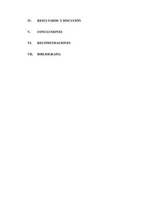 IV. RESULTADOS Y DISCUCIÓN
V. CONCLUSIONES
VI. RECOMENDACIONES
VII. BIBLIOGRAFIA
 