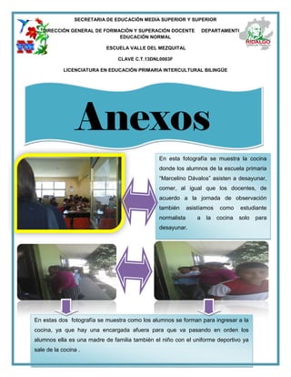 SECRETARIA DE EDUCACIÓN MEDIA SUPERIOR Y SUPERIOR
DIRECCIÓN GENERAL DE FORMACIÓN Y SUPERACIÓN DOCENTE DEPARTAMENTO DE
EDUCACIÓN NORMAL
ESCUELA VALLE DEL MEZQUITAL
CLAVE C.T.13DNL0003F
LICENCIATURA EN EDUCACIÓN PRIMARIA INTERCULTURAL BILINGÜE
Anexos
En esta fotografía se muestra la cocina
donde los alumnos de la escuela primaria
“Marcelino Dávalos” asisten a desayunar,
comer, al igual que los docentes, de
acuerdo a la jornada de observación
también asistíamos como estudiante
normalista a la cocina solo para
desayunar.
En estas dos fotografía se muestra como los alumnos se forman para ingresar a la
cocina, ya que hay una encargada afuera para que va pasando en orden los
alumnos ella es una madre de familia también el niño con el uniforme deportivo ya
sale de la cocina .
 