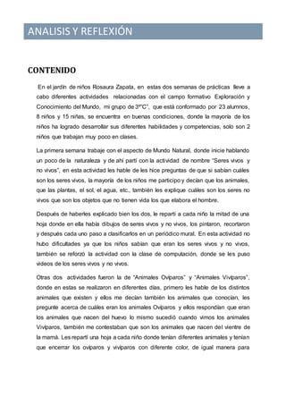 ANALISIS Y REFLEXIÓN
CONTENIDO
En el jardín de niños Rosaura Zapata, en estas dos semanas de prácticas lleve a
cabo diferentes actividades relacionadas con el campo formativo Exploración y
Conocimiento del Mundo, mi grupo de 3º”C”, que está conformado por 23 alumnos,
8 niños y 15 niñas, se encuentra en buenas condiciones, donde la mayoría de los
niños ha logrado desarrollar sus diferentes habilidades y competencias, solo son 2
niños que trabajan muy poco en clases.
La primera semana trabaje con el aspecto de Mundo Natural, donde inicie hablando
un poco de la naturaleza y de ahí partí con la actividad de nombre “Seres vivos y
no vivos”, en esta actividad les hable de les hice preguntas de que si sabían cuáles
son los seres vivos, la mayoría de los niños me participo y decían que los animales,
que las plantas, el sol, el agua, etc., también les explique cuáles son los seres no
vivos que son los objetos que no tienen vida los que elabora el hombre.
Después de haberles explicado bien los dos, le repartí a cada niño la mitad de una
hoja donde en ella había dibujos de seres vivos y no vivos, los pintaron, recortaron
y después cada uno paso a clasificarlos en un periódico mural. En esta actividad no
hubo dificultades ya que los niños sabían que eran los seres vivos y no vivos,
también se reforzó la actividad con la clase de computación, donde se les puso
videos de los seres vivos y no vivos.
Otras dos actividades fueron la de “Animales Ovíparos” y “Animales Vivíparos”,
donde en estas se realizaron en diferentes días, primero les hable de los distintos
animales que existen y ellos me decían también los animales que conocían, les
pregunte acerca de cuáles eran los animales Ovíparos y ellos respondían que eran
los animales que nacen del huevo lo mismo sucedió cuando vimos los animales
Vivíparos, también me contestaban que son los animales que nacen del vientre de
la mamá. Les repartí una hoja a cada niño donde tenían diferentes animales y tenían
que encerrar los ovíparos y vivíparos con diferente color, de igual manera para
 