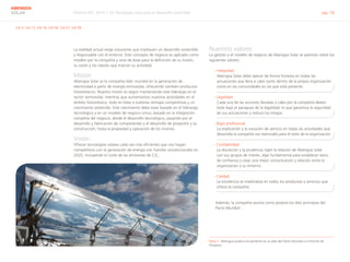 Informe RSC 2014 | 03 Tecnología solar para el desarrollo sostenible pág. 16
ABENGOA
SOLAR
G4-3, G4-15, G4-16, G4-56, G4-57, G4-58
La realidad actual exige soluciones que impliquen un desarrollo sostenible
y responsable con el entorno. Este concepto de negocio es aplicado como
modelo por la compañía y sirve de base para la definición de su misión,
su visión y los valores que marcan su actividad.
Misión
Abengoa Solar es la compañía líder mundial en la generación de
electricidad a partir de energía termosolar, ofreciendo también productos
fotovoltaicos. Nuestra misión es seguir manteniendo este liderazgo en el
sector termosolar, mientras que aumentamos nuestras actividades en el
ámbito fotovoltaico, todo en base a nuestras ventajas competitivas y un
crecimiento sostenido. Este crecimiento debe estar basado en el liderazgo
tecnológico y en un modelo de negocio único, basado en la integración
completa del negocio, desde el desarrollo tecnológico, pasando por el
desarrollo y fabricación de componentes y el desarrollo de proyectos y su
construcción, hasta la propiedad y operación de los mismos.
Visión
Ofrecer tecnologías solares cada vez más eficientes que nos hagan
competitivos con la generación de energía con fuentes convencionales en
2020, incluyendo el coste de las emisiones de CO2
.
Nuestros valores
La gestión y el modelo de negocio de Abengoa Solar se asientan sobre los
siguientes valores:
›	Integridad
		 Abengoa Solar debe operar de forma honesta en todas las
actuaciones que lleva a cabo tanto dentro de la propia organización
como en las comunidades en las que está presente.
› Legalidad
		 Cada una de las acciones llevadas a cabo por la compañía deben
estar bajo el paraguas de la legalidad, lo que garantiza la seguridad
de sus actuaciones y reduce los riesgos.
› Rigor profesional
		 La implicación y la vocación de servicio en todas las actividades que
desarrolla la compañía son esenciales para el éxito de la organización.
› Confiabilidad
		 La discreción y la prudencia rigen la relación de Abengoa Solar
con sus grupos de interés, algo fundamental para establecer lazos
de confianza y crear una mejor comunicación y relación entre la
organización y su entorno.
› Calidad
		 La excelencia se materializa en todos los productos y servicios que
ofrece la compañía.
Además, la compañía asume como propios los diez principios del
Pacto Mundial1
.
Nota 1	 Abengoa publica anualmente en la web del Pacto Mundial su Informe de
Progreso.
 