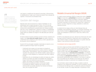 Informe RSC 2014 | 06 Transparencia y lucha contra la corrupción pág. 34
ABENGOA
SOLAR
G4-46, G4-56, G4-57, G4-58
o de negocio o simplificación de gestiones mercantiles y administrativas,
no obedeciendo en ningún caso a motivos de evasión fiscal, blanqueo de
capitales ni financiación de actividades ilícitas.
Gestión del riesgo
Abengoa Solar marca las pautas de su negocio respaldada con una
sólida gestión de los riesgos asociados al mismo, con el fin de crear
valor y mejorar la competitividad de la compañía. La gestión de riesgos
comienza con la identificación y parametrización de cualquier proyecto
antes de su inicio, estableciendo su tolerancia al riesgo y su probabilidad
de ocurrencia. En caso de seguir adelante con el proyecto, la función de
riesgos define las medidas de mitigación más adecuadas para cada tipo
de riesgo.
El Sistema Global de Gestión de Riesgos permite controlar e identificar los
riesgos y crear una cultura de riesgos común que ayude a facilitar el
cumplimiento de los objetivos en esta materia y a tener capacidad tanto
de actuación como de adaptación.
Durante 2014 las principales novedades implantadas en relación con las
políticas de gestión de riesgos fueron las siguientes:
›› Clasificación de los países en los que opera la compañía en
función del riesgo que presentan en cuanto a entorno / seguridad,
riesgo político, rating soberano, índice de transparencia y riesgos
naturales. Para cada país se han definido medidas a aplicar según su
calificación, siendo obligatoria su implantación para hacer negocios
en ellos.
›› Implantación de una metodología de análisis de riesgos por cambio
climático, de manera que todas las actividades sean evaluadas y
tengan criterios de tratamiento que permitan la sostenibilidad del
negocio, de acuerdo con la política corporativa.
›› Refuerzo de las medidas de análisis y control para impedir
la acometida de trabajos y negocios que vulneren normas
internacionales que puedan perjudicar los intereses de Abengoa
Solar y de sus grupos de interés.
Modelo Universal de Riesgos (MUR)
El modelo Universal de Riesgos (MUR) se emplea para medir el nivel de
riesgo en función de su probabilidad de ocurrencia y de su impacto
en todas las categorías (riesgos estratégicos, financieros, legales y
operacionales). Además, proporciona mapas de riesgos online mediante
la conexión automática a la información en tiempo real. El objetivo es
obtener una visión integral de los riesgos, diseñando un sistema de
respuesta eficiente.
La medición de los riesgos se lleva a en todo Abengoa Solar, por
sociedades y áreas geográficas relevantes, con revisiones semestrales. Con
ello se facilita el diseño de planes de acción específicos para aquellos
riesgos que sobrepasen el umbral que en cada caso se define como
tolerable.
El MUR se está adaptando para que, además de la información de mapas
de riesgo, permita la obtención y seguimiento de los indicadores que
cada unidad de negocio considere significativos en la gestión diaria del
negocio, lo que aumenta la eficacia del sistema.
Consolidación de los riesgos de RSC
Uno de los riesgos que forman parte del MUR es el riesgo de RSC. Este
riesgo se modificó en 2013 introduciendo los resultados del análisis
anual de riesgos de RSC realizado en las instalaciones relevantes. El
análisis se lleva a cabo desde dos enfoques: un enfoque objetivo que
valora 27 riesgos según la naturaleza de la instalación y un enfoque
desde la percepción de terceros. Como novedad en 2014, se ha incluido
en el enfoque de percepción de terceros la participación de cinco
prescriptores representativos de la instalación o con acceso a la opinión
de la comunidad que han realizado una encuesta que más tarde los
responsables de analizar el cuestionario han empleado como input.
Una vez llevado a cabo el análisis de riesgos, se realiza un plan de
mitigación en las instalaciones analizadas. En 2014 se analizaron cinco de
las instalaciones de Abengoa Solar y se elaboraron planes de mitigación
en dos de ellas, en base a los riesgos detectados. Actualmente se está
El modelo universal de
riesgos se emplea para
medir el nivel de riesgo en
función de la probabilidad
de ocurrencia y el impacto.
“
 