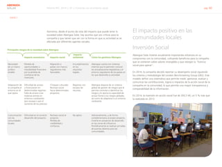 Informe RSC 2014 | 07.2 Conectar con el entorno social pág. 60
ABENGOA
SOLAR
G4-EC1
Asimismo, desde el punto de vista del impacto que puede tener la
sociedad sobre Abengoa Solar, hay asuntos que son críticos para la
compañía y que tienen que ver con la forma en que su actividad se ve
afectada por diferentes agentes sociales.
El impacto positivo en las
comunidades locales
Inversión Social
Abengoa Solar invierte anualmente importantes esfuerzos en su
compromiso con la comunidad, cultivando beneficios para la compañía
que se sostienen sobre valores intangibles y que otorgan la “licencia
social para operar”.
En 2014, la compañía decidió reportar su desempeño social siguiendo
los criterios y metodología del London Benchmarking Group (LBG). Este
modelo define una sistemática que permite medir, gestionar, evaluar y
comunicar las contribuciones, logros e impactos de la acción social de la
compañía en la comunidad, lo que permite una mayor transparencia y
comparabilidad de la información.
En 2014, la inversión en acción social fue de 293,5 k€, un 5 % más que
la realizada en 2013.
Principales riesgos de la sociedad sobre Abengoa
Impacto económico Impacto social
Impacto
ambiental Cómo los gestiona Abengoa
Necesidad
de un marco
jurídico
estable.
Pérdida de
oportunidades o
inestabilidad financiera
por la pérdida de
confianza de los
inversores.
Migración a
países con marcos
regulatorios más
favorables.
Incumplimientos
en los
requisitos
legales.
Abengoa cuenta con sistemas
internos que le permiten conocer
las actualizaciones legislativas y el
entorno regulatorio de los países en
los que desarrolla su actividad.
Adaptación de
la compañía al
entorno en el
que opera.
Dificultad de acceso
a financiación en
determinadas regiones.
Falta de acceso a las
materias primas en
entornos cambiantes
(por escasez o por el
aumento de los precios).
Choques culturales.
Rechazo social
hacia determinados
proyectos.
Regiones con
escasez de
recursos.
Abengoa dispone de un sistema
global de gestión de riesgos que le
permite controlar e identificar los
riesgos y le aporta la capacidad de
actuar frente a los riesgos globales,
así como de adaptarse a un entorno
cambiante.
Comunicación
con las
comunidades
locales.
Dificultad en el correcto
desarrollo del proyecto.
Rechazo social al
proyecto.
Pérdida de
credibilidad y
confianza.
No aplica Adicionalmente, y de forma
complementaria al propio proyecto,
invierte en proyectos de desarrollo
en las zonas de influencia.
Periódicamente se realizan jornadas
de puertas abiertas para las
comunidades.
 