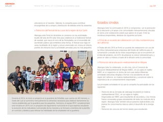 Informe RSC 2014 | 07.2 Conectar con el entorno social pág. 64
ABENGOA
SOLAR
voluntarios en el maratón. Además, la compañía quiso contribuir
encargándose de la compra y distribución de bebidas entre los asistentes.
> Patrocinio del festival de las Luces de la región de Kai Garib
Abengoa solar firmó en diciembre un convenio con las autoridades
locales del área de Khi Solar One para colaborar en el tradicional festival
de navidad, que marca el inicio de las festividades con el encendido del
alumbrado público que embellece estas fechas. El festival tuvo lugar en
varias localidades de la región y estuvo amenizado con música en directo,
puestos de artesanía local y actividades pensadas para los más pequeños.
Estados Unidos
Abengoa Solar ha continuado en 2014 su compromiso con la promoción
de la educación y el apoyo a las comunidades nativoamericanas ubicadas
en torno a las instalaciones solares que operan en el país. Entre las
iniciativas emprendidas, destacan las siguientes acciones:
> Firma de un acuerdo de colaboración con tribu norteamericana
de California
A finales del año 2014 se firmó un acuerdo de colaboración con una de
las tribus nativoamericanas originarias del Estado de California para la
conservación y estudio de los restos arqueológicos que se encuentren en
el área del proyecto, con el fin de preservar la cultura nativoamericana, y
poner en valor su historia a través de la difusión entre la comunidad.
> Promoción de la educación medioambiental en Mojave
Abengoa Solar ha colaborado, un año más, con el Consorcio de
Educación Medioambiental de Mojave (MEEC, en sus siglas en inglés).
MEEC es un organismo sin ánimo de lucro que realiza diferentes
actividades educativas dirigidas a formar a los estudiantes de esta
región de California en materia medioambiental y concienciar sobre la
importancia de un comportamiento responsable.
Las principales actividades en las que la compañía ha participado son las
siguientes:
›› Patrocinio de las Jornadas de Liderazgo estudiantil en materia
medioambiental (YELC, en sus siglas en inglés).
Organizadas por MEEC para estudiantes de secundaria, a las mismas
fueron convocados grupos estudiantiles de todos los institutos de la
región. Abengoa Solar también estuvo presente explicándoles a los
jóvenes los conocimientos básicos sobre el desarrollo de la energía
solar.
›› Patrocinio de concurso de hornos solares para estudiantes
Durante el 2014, se inició un proyecto en la guardería de Pofadder, que cuenta con 40 menores, a
través del cual se suministra mensualmente los alimentos necesarios para elaborar diariamente los
menús establecidos por la guardería para los pequeños. Asimismo, el equipo PEYC complementará
esta iniciativa en 2015 con un programa de seguimiento nutricional en el que expertos estudiarán
la evolución de los indicadores nutricionales de los menores y se formará a miembros de la plantilla
en nutrición y dietética para reforzar las habilidades de los empleados de la guardería.
 