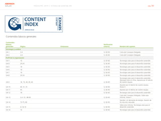 Informe RSC 2014 | 10 Índice de contenido GRI pág. 94
ABENGOA
SOLAR
Contenidos básicos generales
Contenidos
básicos
generales Página Omisiones
Verificación
externa Nombre del capítulo
Estrategia y análisis
G4-1 3,4       Sí, 82-83 Carta del Consejero Delegado
G4-2 3,4       Sí, 82-83 Carta del Consejero Delegado
Perfil de la organización
G4-3 16       Sí, 82-83 Tecnología solar para el desarrollo sostenible
G4-4 20-24       Sí, 82-83 Tecnología solar para el desarrollo sostenible
G4-5 18       Sí, 82-83 Tecnología solar para el desarrollo sostenible
G4-6 18       Sí, 82-83 Tecnología solar para el desarrollo sostenible
G4-7 18       Sí, 82-83 Tecnología solar para el desarrollo sostenible
G4-8 20-24       Sí, 82-83 Tecnología solar para el desarrollo sostenible
G4-9 18, 19, 28, 29, 40       Sí, 82-83
Tecnología solar para el desarrollo sostenible,
Abengoa Solar en cifras, Apuesta por el talento
de nuestro equipo
G4-10 40, 41, 91       Sí, 82-83
Apuesta por el talento de nuestro equipo,
Anexo II
G4-11 45       Sí, 82-83 Apuesta por el talento de nuestro equipo
G4-12 18       Sí, 82-83 Tecnología solar para el desarrollo sostenible
G4-13 3,4, 10, 88-90       Sí, 82-83
Carta del Consejero Delegado, Sobre este
informe, Anexo I
G4-14 73-75, 80       Sí, 82-83
Atender a la demanda de energía, Gestión de
los recursos naturales
G4-15 6,7,8,16       Sí, 82-83
Sobre este informe, Tecnología solar para el
desarrollo sostenible
G4-16 16       Sí, 82-83 Tecnología solar para el desarrollo sostenible
 