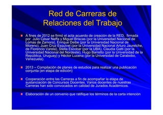 Red de Carreras deRed de Carreras de
Relaciones del TrabajoRelaciones del Trabajo
A fines de 2012 se firmA fines de 2012 se firmóó el acta acuerdo deel acta acuerdo de creacicreacióón de la RED, firmadan de la RED, firmada
por Julio Cpor Julio Céésar Neffa y Miguel Briscas (por la Universidad Nacional desar Neffa y Miguel Briscas (por la Universidad Nacional de
Lomas de Zamora), Enrique Deibe (por la Universidad Nacional deLomas de Zamora), Enrique Deibe (por la Universidad Nacional de
Moreno), Juan Cruz Esquivel (por la Universidad Nacional ArturoMoreno), Juan Cruz Esquivel (por la Universidad Nacional Arturo Jauretche,Jauretche,
de Florencio Varela), Stella Escobar (por la UBA), Claudia Gattide Florencio Varela), Stella Escobar (por la UBA), Claudia Gatti (por la(por la
Universidad Nacional del Nordeste), Hugo Barretto (por la UniverUniversidad Nacional del Nordeste), Hugo Barretto (por la Universidad de lasidad de la
RepRepúública, Uruguay) y Hblica, Uruguay) y Hééctor Lucena (por la Universidad de Carabobo,ctor Lucena (por la Universidad de Carabobo,
Venezuela).Venezuela).
20132013 –– CompilaciCompilacióón de planes de estudios para realizar una publicacin de planes de estudios para realizar una publicacióónn
conjunta (en etapa de ediciconjunta (en etapa de edicióón)n)
CooperaciCooperacióón entre las Carreras a fin de acompan entre las Carreras a fin de acompaññar la etapa dear la etapa de
sustanciacisustanciacióón de Concursos Docentes. Varios docentes de nuestrasn de Concursos Docentes. Varios docentes de nuestras
Carreras han sido convocados en calidad de Jurados AcadCarreras han sido convocados en calidad de Jurados Acadéémicos.micos.
ElaboraciElaboracióón de un convenio que ratifique los tn de un convenio que ratifique los téérminos de la carta intencirminos de la carta intencióónn
 