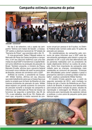 Campanha estimula consumo de peixe
No dia 2 de setembro, sob o apelo da cam-
panha “Delícia com Sabor de Saúde”, a Ceasa-
-DF sediou a abertura nacional da 10ª edição da
“Semana do Peixe”, que acontece até o dia 15.
O vice-governador Tadeu Fillippeli esteve no
Mercado de Peixe da Ceasa lançando a campa-
nha, e em seu discurso reafirmou que uma das
metas do atual GDF é transformar a capital fede-
ral numa referência na produção de pescado no
Brasil. Também presente, o ministro da Pesca,
Marcelo Crivella, afirmou que o governo federal
irá investir cinco milhões de reais na piscicultura
de Brasília, através de convênios com o GDF.
Anfitrião do evento, o presidente da Ceasa-
-DF, Wilder Santos, afirmou em seu discurso
que está trabalhando para que a Ceasa faça sua
parte no projeto que irá fazer de Brasília um dos
maiores produtores de pescado do país. Wilder
disse esperar um grande aumento no consumo
de pescado durante a duração da campanha e
informou que o Mercado de Peixe da Ceasa vai
funcionar de segunda a sexta-feira, das 8h às
17h, e aos sábados, das 6h às 15h. Dados afir-
mam que, enquanto a média nacional de con-
ASCOM - CEASA/DF
sumo anual por pessoa é de 9 quilos, no Distri-
to Federal este número sobe para 14 quilos de
pescado por pessoa.
Os coordenadores da campanha pelo con-
sumo de peixe informam que o GDF está de-
senvolvendo estratégias para baixar o preço do
pescado no DF, e que uma das alternativas são
as parcerias realizadas com os produtores de
ração objetivando diminuir os custos de produ-
ção. Outro foco importante da campanha está
voltado para as crianças, consideradas mais
resistentes ao consumo de pescado. “Crianças
têm dificuldades para comer saladas e peixe e
precisamos valorizar a presença delas neste tra-
balho”, explica o presidente Wilder Santos.
O ministro Crivela garantiu que, a partir do
segundo semestre de 2014, será montada na
Granja do Ipê o Centro de Referência em Pisci-
cultura de Brasília. A estrutura terá laboratórios
para estudo sobre nutrição do peixe, estufas de
reprodução e estocagem de filhotes de peixe,
estruturas para reprodução de espécies nativas
e exóticas, e uma usina de pequeno porte para
fabricar ração.
 