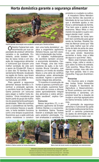 Informativo produzido pelas assessorias de comunicação social:
Secretaria de Agricultura e Desenvolvimento Rural (Seagri-DF) - 3051-6347
Empresa de Assistência Técnica e Extensão Rural (Emater-DF) - 3340-3002
Centrais de Abastecimento do Distrito Federal (Ceasa-DF) - 3363-1024
Horta doméstica garante a segurança alimentar
ODistrito Federal tem sido
reconhecido por sua ca-
pacidade de produzir alimentos
variados e de qualidade. En-
tretanto, ainda existem famí-
lias de baixa renda e em situ-
ação de insegurança alimentar
e nutricional que buscam uma
melhor condição de vida com
o apoio da Emater-DF. Esse é
o caso das 72 famílias do As-
sentamento Monjolo, localizado
na região do Gama, que foram
retiradas de uma área de risco,
na Estrutural, em 2008.
Para garantir a segurança
alimentar dessas famílias e in-
centivar a produção agrícola,
o escritório local da Emater no
Gama promove um concurso
para eleger a melhor horta do-
méstica. Onze moradoras que
fazem parte do grupo de mulhe-
res do assentamento participam
da atividade. “Além de contribuir
para a subsistência da família,
com produtos frescos e saudá-
veis, a horta também funciona
como uma terapia ocupacional.
Queremos que a ação estimule
outros moradores a construí-
rem uma horta doméstica”, ex-
plica a engenheira agrônoma
Adriana Souza, que tem assis-
tido à implantação das hortas.
O trabalho multidisciplinar
do escritório também envolve
a economista doméstica, Car-
mem Pinagé, uma das mobi-
lizadoras da ação, e da nutri-
cionista Bruna Carvalho, que
elaborou um livreto de receitas
fáceis e uma série de cartilhas
educativas sobre alimentação
saudável, higiene e aproveita-
mento integral dos alimentos.
“O incentivo à construção de
hortas é apenas a primeira par-
te do projeto, queremos fazer
uma série de cursos e oficinas
sobre aproveitamento integral
dos alimentos e sobre alimen-
tação saudável”, explica Car-
mem.
Concurso
Nessa terça-feira (7), o en-
genheiro agrônomo da Emater
Antônio Dantas e a economis-
ta doméstica Selma Tavares
fizeram a avaliação das hortas
para posterior premiação. Fo-
ram analisadas a variedade de
produtos e o cuidado no cultivo.
A moradora Dilma Mendon-
ça dos Santos não esconde a
felicidade de ter sua horta e diz
que a atividade ajudou a me-
lhorar a alimentação da família.
“Faz bem para a saúde e traz
economia. Meus filhos e meu
marido me ajudam e quero con-
seguir plantar mais”, conta.
O excedente da horta tam-
bém tem contribuído para gerar
renda às famílias. Rosilda Go-
mes de Alencar conta que “não
tem nada melhor que ter uma
horta do lado da porta de casa.
O que não consumimos leva-
mos para vender. Queremos
aumentar a horta, mas a falta
de água é o que limita”, falou.
Maria José Campos planta,
capina, irriga, colhe e vende o
que sobra na beira da estrada.
Tudo sozinha. “Meus filhos re-
clamam comigo, mas não con-
sigo ficar parada. Isso é uma
maravilha. Faço por divertimen-
to”.
Parcerias
Os insumos para a criação
das hortas foram fornecidos
por doação. A Secretaria de
Agricultura e Desenvolvimen-
to Rural contribuiu com kits de
ferramentas e sementes, um
produtor local fez a doação de
mudas e uma loja agropecuária
do Gama forneceu outros insu-
mos.
A promoção da segurança
alimentar e nutricional faz parte
da missão institucional da Ema-
ter-DF e caminha juntamente
às ações de eliminação da ex-
trema pobreza no meio rural.
Plantio garante alimentação mais saudável e variada para a família de Dilma
Antônio e Selma avaliam as hortas domésticas Maria José (de boné) mostra sua plantação aos extensionistas
 