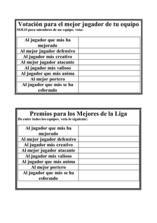 Votación para el mejor jugador de tu equipo
SOLO para miembros de un equipo, vota:
Al jugador que más ha
mejorado
Al mejor jugador defensivo
Al jugador más creativo
Al mejor jugador atacante
Al jugador más valioso
Al jugador que más anima
Al mejor portero
Al jugador que más se ha
esforzado
Premios para los Mejores de la Liga
De entre todos los equipos, vota lo siguiente:
Al jugador que más ha
mejorado
Al mejor jugador defensivo
Al jugador más creativo
Al mejor jugador atacante
Al jugador más valioso
Al jugador que más anima
Al mejor portero
Al jugador que más se ha
esforzado
 