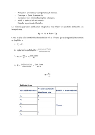 - Prendemos la bomba de vacío por unos 20 minutos.
- Descargar el fluido de saturación.
- Esperamos unos minutos la completa saturación.
- Medir la masa del núcleo saturado.
- Calcular la porosidad del núcleo.
Las fórmulas que vamos a utilizar en esta práctica para obtener los resultados pertinentes son
las siguientes:
𝑉𝑝 = 𝑉𝑜 + 𝑉𝜔 + 𝑉𝑔
Como en este caso solo haremos la saturación con el solvente que es el agua nuestro formula
se simplifica a:
1. Vp = Vω
2. 𝑠𝑎𝑡𝑢𝑟𝑎𝑐𝑖ó𝑛 𝑑𝑒𝑙 𝑓𝑙𝑢𝑖𝑑𝑜 =
𝑣𝑜𝑙𝑢𝑚𝑒𝑛 𝑑𝑒𝑙 𝑓𝑙𝑢𝑖𝑑𝑜
𝑣𝑜𝑙𝑢𝑚𝑒𝑛 𝑝𝑜𝑟𝑜𝑠𝑜
3. 𝜑 𝜔 =
𝑚 𝜔
𝑣 𝜔
= 𝑣 𝜔
𝑚 𝑠𝑎𝑡−𝑚 𝑠𝑒𝑐𝑎
𝜑 𝜔
4. ∅ =
𝑣𝑜𝑙𝑢𝑚𝑒𝑛 𝑝𝑜𝑟𝑜𝑠𝑜
𝑣𝑜𝑙𝑢𝑚𝑒𝑛 𝑡𝑜𝑡𝑎𝑙
=
𝑚 𝑠𝑎𝑡−𝑚 𝑠𝑒𝑐𝑎
𝜑 𝜔 𝑣 𝑡
∅ =
𝑣 𝜔
𝑣𝑡
Tabla de datos
Peso de la masa seca
Volumen del núcleo
O volumen total
Peso de la masa saturada
m1 h
msaturada
m2 d
m3
m4
m5
v
m6
 