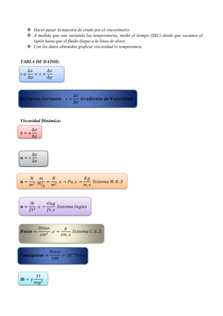  Hacer pasar la muestra de crudo por el viscosímetro.
 A medida que van variando las temperaturas, medir el tiempo (SSU) desde que sacamos el
tapón hasta que el fluido llegue a la línea de aloro.
 Con los datos obtenidos graficar viscosidad vs temperatura.
TABLA DE DATOS:
𝜏 𝛼
∆𝑣
∆𝑦
= 𝜏 ≈
Δ𝑣
Δ𝑦
𝑬𝒔𝒇𝒖𝒆𝒓𝒛𝒐 𝑪𝒐𝒓𝒕𝒂𝒏𝒕𝒆 𝜏 =
Δ𝑣
Δ𝑦
𝑮𝒓𝒂𝒅𝒊𝒆𝒏𝒕𝒆 𝒅𝒆 𝑽𝒆𝒍𝒐𝒄𝒊𝒅𝒂𝒅
Viscosidad Dinámica:
𝝉 = 𝑛
∆𝑣
∆𝑦
𝒏 = 𝜏
∆𝑦
∆𝑣
𝒏 =
𝑁
𝑚2
.
𝑚
𝑚
𝑠⁄
=
𝑁
𝑚2
. 𝑠 → 𝑃𝑎. 𝑠 →
𝐾𝑔
𝑚. 𝑠
𝑆𝑖𝑠𝑡𝑒𝑚𝑎 𝑀. 𝐾. 𝑆
𝒏 =
𝑙𝑏
𝑓𝑡2
. 𝑠 →
𝑠𝑙𝑢𝑔
𝑓𝑡. 𝑠
𝑆𝑖𝑠𝑡𝑒𝑚𝑎 𝐼𝑛𝑔𝑙𝑒𝑠
𝑷𝒐𝒊𝒔𝒆 =
𝐷𝑖𝑛𝑎𝑠
𝑐𝑚2
. 𝑠 →
𝑔
𝑐𝑚. 𝑠
𝑆𝑖𝑠𝑡𝑒𝑚𝑎 𝐶. 𝐺. 𝑆
𝑪𝒆𝒏𝒕𝒊𝒑𝒐𝒊𝒔𝒆 =
𝑃𝑜𝑖𝑠𝑒
100
= 10−2
𝑃𝑜𝑖𝑠𝑒
𝒍𝒃 = 𝑦
𝑓𝑡
𝑠𝑒𝑔2
 