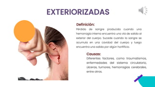 EXTERIORIZADAS
Definición:
Pérdida de sangre producida cuando una
hemorragia interna encuentra una vía de salida al
exterior del cuerpo. Sucede cuando la sangre se
acumula en una cavidad del cuerpo y luego
encuentra una salida por algún horifificio.
Diferentes factores, como traumatismos,
enfermedades del sistema circulatorio,
úlceras, tumores, hemorragias cerebrales,
entre otros.
Causas:
 
