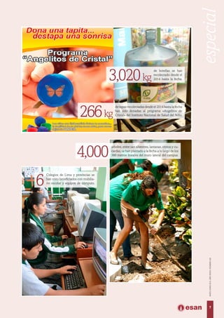 4,000
árboles, entre san silvestres, lantanas, crotos y cu-
cardas, se han plantado a la fecha a lo largo de los
380 metros lineales del muro lateral del campus.
3,020kg
de botellas se han
recolectado desde el
2014 hasta la fecha.
266kg
de tapas recolectadas desde el 2014 hasta la fecha
han sido donadas al programa «Angelitos de
Cristal» del Instituto Nacional de Salud del Niño.
6
Colegios de Lima y provincias se
han visto beneficiados con mobilia-
rio escolar y equipos de cómputo.
7
MAYO-JUNIO2015,AÑOXXXVI,NÚMERO226
especial
 