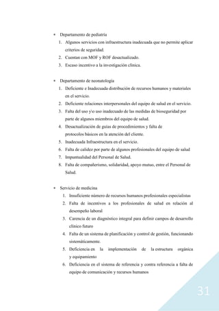 31
 Departamento de pediatría
1. Algunos servicios con infraestructura inadecuada que no permite aplicar
criterios de seguridad.
2. Cuentan con MOF y ROF desactualizado.
3. Escaso incentivo a la investigación clínica.
 Departamento de neonatología
1. Deficiente e Inadecuada distribución de recursos humanos y materiales
en el servicio.
2. Deficiente relaciones interpersonales del equipo de salud en el servicio.
3. Falta del uso yo uso inadecuado de las medidas de bioseguridad por
parte de algunos miembros del equipo de salud.
4. Desactualización de guías de procedimientos y falta de
protocolos básicos en la atención del cliente.
5. Inadecuada Infraestructura en el servicio.
6. Falta de calidez por parte de algunos profesionales del equipo de salud
7. Impuntualidad del Personal de Salud.
8. Falta de compañerismo, solidaridad, apoyo mutuo, entre el Personal de
Salud.
 Servicio de medicina
1. Insuficiente número de recursos humanos profesionales especialistas
2. Falta de incentivos a los profesionales de salud en relación al
desempeño laboral
3. Carencia de un diagnóstico integral para definir campos de desarrollo
clínico futuro
4. Falta de un sistema de planificación y control de gestión, funcionando
sistemáticamente.
5. Deficiencia en la implementación de la estructura orgánica
y equipamiento
6. Deficiencia en el sistema de referencia y contra referencia a falta de
equipo de comunicación y recursos humanos
 