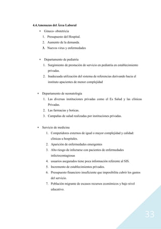 33
4.4.Amenazas del Área Laboral
 Gineco- obstetricia
1. Presupuesto del Hospital.
2. Aumento de la demanda.
3. Nuevos virus y enfermedades
 Departamento de pediatría
1. Surgimiento de prestación de servicio en pediatría en establecimiento
privadas.
2. Inadecuada utilización del sistema de referencias derivando hacia el
instituto apacientes de menor complejidad
 Departamento de neonatología
1. Las diversas instituciones privadas como el Es Salud y las clínicas
Privadas.
2. Las farmacias y boticas.
3. Campañas de salud realizadas por instituciones privadas.
 Servicio de medicina
1. Competidores externos de igual o mayor complejidad y calidad:
clínicas u hospitales.
2. Aparición de enfermedades emergentes
3. Alto riesgo de infectarse con pacientes de enfermedades
infectocontagiosas
4. usuarios asegurados tiene poca información referente al SIS.
5. Incremento de establecimientos privados.
6. Presupuesto financiero insuficiente que imposibilita cubrir los gastos
del servicio.
7. Población migrante de escasos recursos económicos y bajo nivel
educativo.
 