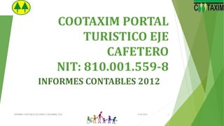 COOTAXIM PORTAL
TURISTICO EJE
CAFETERO
NIT: 810.001.559-8
INFORMES CONTABLES 2012
4/29/2015INFORMES CONTABLES DE ENERO A DICIEMBRE 2015 1
 