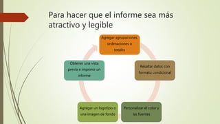 Para hacer que el informe sea más
atractivo y legible
Agregar agrupaciones,
ordenaciones o
totales
Resaltar datos con
formato condicional
Personalizar el color y
las fuentes
Agregar un logotipo o
una imagen de fondo
Obtener una vista
previa e imprimir un
informe
 