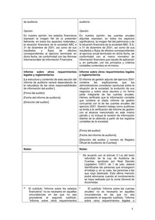 de auditoría.
Opinión
En nuestra opinión, los estados financieros
expresan la imagen fiel de (o presentan
fielmente, en todos los aspectos materiales,)
la situación financiera de la sociedad ABC a
31 de diciembre de 20X1, así como de sus
resultados y flujos de efectivo
correspondientes al ejercicio terminado en
dicha fecha, de conformidad con las Normas
Internacionales de Información Financiera.
auditoría.
Opinión
En nuestra opinión, las cuentas anuales
adjuntas expresan, en todos los aspectos
significativos, la imagen fiel del patrimonio y de
la situación financiera de la sociedad ABC, S.A.
a 31 de diciembre de 20X1, así como de sus
resultados y flujos de efectivo correspondientes
al ejercicio anual terminado en dicha fecha, de
conformidad con el marco normativo de
información financiera que resulta de aplicación
y, en particular, con los principios y criterios
contables contenidos en el mismo.
Informe sobre otros requerimientos
legales y reglamentarios
[La estructura y contenido de esta sección del
informe de auditoría variará dependiendo de
la naturaleza de las otras responsabilidades
de información del auditor.]
[Firma del auditor]
[Fecha del informe de auditoría]
[Dirección del auditor]
Informe sobre otros requerimientos legales
y reglamentarios
El informe de gestión adjunto del ejercicio 20X1
contiene las explicaciones que los
administradores consideran oportunas sobre la
situación de la sociedad, la evolución de sus
negocios y sobre otros asuntos y no forma
parte integrante de las cuentas anuales.
Hemos verificado que la información contable
que contiene el citado informe de gestión
concuerda con la de las cuentas anuales del
ejercicio 20X1. Nuestro trabajo como auditores
se limita a la verificación del informe de gestión
con el alcance mencionado en este mismo
párrafo y no incluye la revisión de información
distinta de la obtenida a partir de los registros
contables de la sociedad.
[Firma del auditor]
[Fecha del informe de auditoría]
[Dirección del auditor y número de Registro
Oficial de Auditores de Cuentas]
Notas: Notas:
1
De acuerdo con el artículo 3.1.a) del texto
refundido de la Ley de Auditoría de
Cuentas, aprobado por Real Decreto
Legislativo 1/2011, de 1 de julio, deberá
identificarse las personas que encargaron
el trabajo y, en su caso, las personas a las
que vaya destinado. Esta última mención
podrá eliminarse cuando el nombramiento
se haya realizado por la Junta General de
Accionistas.
26
El subtítulo “Informe sobre los estados
financieros” no es necesario en aquellas
circunstancias en las que no sea
procedente el segundo subtítulo,
“Informe sobre otros requerimientos
2
El subtítulo “Informe sobre las cuentas
anuales” no es necesario en aquellas
circunstancias en las que no sea
procedente el segundo subtítulo, “Informe
sobre otros requerimientos legales o
5
 