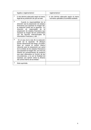 legales o reglamentarios”. reglamentarios”.
27
U otro término adecuado según el marco
legal de la jurisdicción de que se trate.
3
U otro término adecuado según el marco
normativo aplicable a la entidad auditada.
28
Cuando la responsabilidad de la
dirección sea la preparación de estados
financieros que expresen la imagen fiel,
la redacción podrá ser la siguiente: “La
dirección es responsable de la
preparación de estados financieros que
expresen la imagen fiel de conformidad
con las Normas Internacionales de
Información Financiera, y del …”
29
En el caso de la nota 28, la redacción
podrá ser la siguiente: “Al efectuar
dichas valoraciones del riesgo, el auditor
tiene en cuenta el control interno
relevante para la preparación por parte
de la entidad de los estados financieros
que expresen la imagen fiel, con el fin de
diseñar los procedimientos de auditoría
que sean adecuados en función de las
circunstancias, y no con la finalidad de
expresar una opinión sobre la eficacia
del control interno de la entidad.”
30
Nota suprimida.
6
 
