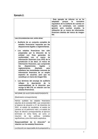 Ejemplo 2:
Este ejemplo de informe no se ha
adaptado porque la normativa
reguladora de la auditoría de cuentas en
España no contempla, con carácter
general, para cuentas anuales, la
utilización de un marco de información
financiera distinto del marco de imagen
fiel.
Las circunstancias son, entre otras:
• Auditoría de un conjunto completo de
estados financieros requerida por las
disposiciones legales o reglamentarias.
• Los estados financieros han sido
preparados por la dirección de la
entidad con fines generales de
conformidad con el marco de
información financiera (Ley XYZ) de la
jurisdicción X (es decir, un marco de
información financiera, que comprende
las disposiciones legales o
reglamentarias, diseñado para
satisfacer las necesidades comunes de
información financiera de un amplio
espectro de usuarios, pero que no
constituye un marco de imagen fiel).
• Los términos del encargo de auditoría
reflejan la descripción de la
responsabilidad de la dirección que
recoge la NIA 210, en relación con los
estados financieros.
INFORME DE AUDITORÍA INDEPENDIENTE
[Destinatario correspondiente]
Hemos auditado los estados financieros
adjuntos de la sociedad ABC, que comprenden
el balance de situación a 31 de diciembre de
20X1, el estado de resultados, el estado de
cambios en el patrimonio neto y el estado de
flujos de efectivo correspondientes al ejercicio
terminado en dicha fecha, así como un
resumen de las políticas contables
significativas y otra información explicativa.
Responsabilidad de la dirección31
en
relación con los estados financieros
La dirección es responsable de la preparación y
7
 