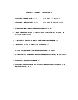 PREGUNTAS PARA LOS ALUMNOS
1. ¿Te gusta esta escuela? R: Si ¿Por qué? Te dan física
2. ¿Te gusta ir a la escuela? R: Si ¿Por qué? R:Aprendo mucho
3. ¿Es dinámica la clase que te da tu maestro? R: No
4. ¿Qué materiales ocupa tu maestro para hacer divertida la clase? R:
Nos pone hacer dibujos
5. ¿Te gusta la manera en que tu maestro te da clases? R: Si
6. ¿Aprendes lo que tu maestro te enseña? R:Si
7. ¿Cómo consideras el carácter de tu maestro? R: Buena
8. ¿Qué te hace tu maestro cuando no entregas un trabajo? R: Me castiga
9. ¿Has reprobado alguna vez? R:Si
10.¿Te gusta el ambiente en que se desenvuelven tus compañeros en el
salón de clases? R: Si
 