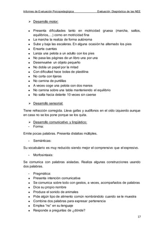 Informes de Evaluación Psicopedagógica Evaluación Diagnóstica de las NEE
17
 Desarrollo motor:
Presenta dificultades tanto en motricidad gruesa (marcha, saltos,
equilibrios,…) como en motricidad fina
La marcha la realiza de forma autónoma
Sube y baja las escaleras. En alguna ocasión ha alternado los pies
Ensarta cuentas
Lanza una pelota a un adulto con los pies
No pasa las páginas de un libro una por una
Desenvuelve un objeto pequeño
No dobla un papel por la mitad
Con dificultad hace bolas de plastilina
No corta con tijeras
No camina de puntillas
A veces coge una pelota con dos manos
No camina sobre una tabla manteniendo el equilibrio
No salta hacia delante 10 veces sin caerse
 Desarrollo sensorial:
Tiene refracción corregida. Lleva gafas y audífonos en el oído izquierdo aunque
en casa no se los pone porque se los quita.
 Desarrollo comunicativo y lingüístico:
- Forma:
Emite pocas palabras. Presenta dislalias múltiples.
- Semánticas:
Su vocabulario es muy reducido siendo mejor el comprensivo que el expresivo.
- Morfosintaxis:
Se comunica con palabras aisladas. Realiza algunas construcciones usando
dos palabras.
- Pragmática:
Presenta intención comunicativa
Se comunica sobre todo con gestos, a veces, acompañados de palabras
Dice su propio nombre
Produce el sonido de animales
Pide algún tipo de alimento común nombrándolo cuando se le muestra
Combina dos palabras para expresar pertenencia
Emplea “no” en su lenguaje
Responde a preguntas de ¿dónde?
 