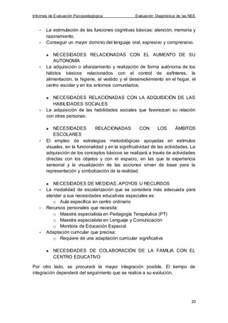 Informes de Evaluación Psicopedagógica Evaluación Diagnóstica de las NEE
20
- La estimulación de las funciones cognitivas básicas: atención, memoria y
razonamiento.
- Conseguir un mayor dominio del lenguaje oral, expresivo y comprensivo.
NECESIDADES RELACIONADAS CON EL AUMENTO DE SU
AUTONOMÍA
- La adquisición o afianzamiento y realización de forma autónoma de los
hábitos básicos relacionados con el control de esfínteres, la
alimentación, la higiene, el vestido y el desenvolvimiento en el hogar, el
centro escolar y en los entornos comunitarios.
NECESIDADES RELACIONADAS CON LA ADQUISICIÓN DE LAS
HABILIDADES SOCIALES
- La adquisición de las habilidades sociales que favorezcan su relación
con otras personas.
NECESIDADES RELACIONADAS CON LOS ÁMBITOS
ESCOLARES
- El empleo de estrategias metodológicas apoyadas en estímulos
visuales, en la funcionalidad y en la significatividad de las actividades. La
adquisición de los conceptos básicos se realizará a través de actividades
directas con los objetos y con el espacio, en las que la experiencia
sensorial y la visualización de las acciones sirvan de base para la
representación y simbolización de la realidad.
NECESIDADES DE MEDIDAS, APOYOS U RECURSOS
- La modalidad de escolarización que se considera más adecuada para
atender a sus necesidades educativas especiales es:
o Aula específica en centro ordinario
- Recursos personales que necesita:
o Maestra especialista en Pedagogía Terapéutica (PT)
o Maestra especialista en Lenguaje y Comunicación
o Monitora de Educación Especial
- Adaptación curricular que precisa:
o Requiere de una adaptación curricular significativa
NECESIDADES DE COLABORACIÓN DE LA FAMILIA CON EL
CENTRO EDUCATIVO
Por otro lado, se procurará la mayor integración posible. El tiempo de
integración dependerá del seguimiento que se realice a su evolución.
 