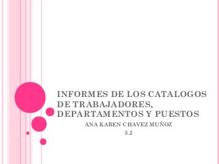 INFORMES DE LOS CATALOGOS
DE TRABAJADORES,
DEPARTAMENTOS Y PUESTOS
ANA KAREN CHAVEZ MUÑOZ
3.2
 