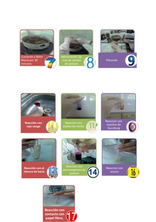 LLevando a Baño
María por 30
minutos

Adicionando 2gr
mas de clorato
de potasio

Filtrando .

Reacción con
rojo congo

Reaccion con
violeta de metilo

Reaccion con
reactivo de
Gunzburg

Reacción con el
cloruro de bario

Reaccion con
permanganato de
potasio

Reaccion con
azucar

Reacción con
contacto con
papel filtro.

 