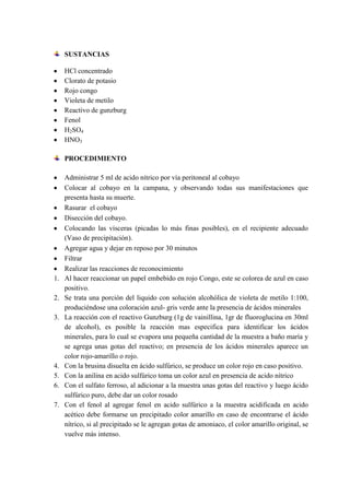 SUSTANCIAS
HCl concentrado
Clorato de potasio
Rojo congo
Violeta de metilo
Reactivo de gunzburg
Fenol
H2SO4
HNO3
PROCEDIMIENTO

1.
2.
3.

4.
5.
6.
7.

Administrar 5 ml de acido nítrico por vía peritoneal al cobayo
Colocar al cobayo en la campana, y observando todas sus manifestaciones que
presenta hasta su muerte.
Rasurar el cobayo
Disección del cobayo.
Colocando las vísceras (picadas lo más finas posibles), en el recipiente adecuado
(Vaso de precipitación).
Agregar agua y dejar en reposo por 30 minutos
Filtrar
Realizar las reacciones de reconocimiento
Al hacer reaccionar un papel embebido en rojo Congo, este se colorea de azul en caso
positivo.
Se trata una porción del liquido con solución alcohólica de violeta de metilo 1:100,
produciéndose una coloración azul- gris verde ante la presencia de ácidos minerales
La reacción con el reactivo Gunzburg (1g de vainillina, 1gr de fluoroglucina en 30ml
de alcohol), es posible la reacción mas especifica para identificar los ácidos
minerales, para lo cual se evapora una pequeña cantidad de la muestra a baño maría y
se agrega unas gotas del reactivo; en presencia de los ácidos minerales aparece un
color rojo-amarillo o rojo.
Con la brusina disuelta en ácido sulfúrico, se produce un color rojo en caso positivo.
Con la anilina en acido sulfúrico toma un color azul en presencia de acido nítrico
Con el sulfato ferroso, al adicionar a la muestra unas gotas del reactivo y luego ácido
sulfúrico puro, debe dar un color rosado
Con el fenol al agregar fenol en acido sulfúrico a la muestra acidificada en acido
acético debe formarse un precipitado color amarillo en caso de encontrarse el ácido
nítrico, si al precipitado se le agregan gotas de amoniaco, el color amarillo original, se
vuelve más intenso.

 