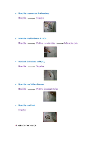 Reacción con reactivo de Gunzburg
Reacción

Negativo

Reacción con brusina en H2SO4
Reacción

Positivo característico

Reacción con anilina en H2SO4
Reacción

Negativo

Reacción con Sulfato Ferroso
Reacción

Reacción con Fenol
Negativo

OBSERVACIONES

Positivo no característico

Coloración roja

 