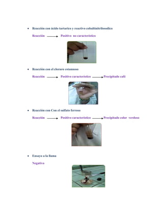 Reacción con ácido tartarico y reactivo cobaltinitrilosodico
Reacción

Positivo no característico

Reacción con el cloruro estannoso
Reacción

Positivo característico

Precipitado café

Reacción con Con el sulfato ferroso
Reacción

Ensayo a la llama
Negativo

Positivo característico

Precipitado color verdoso

 