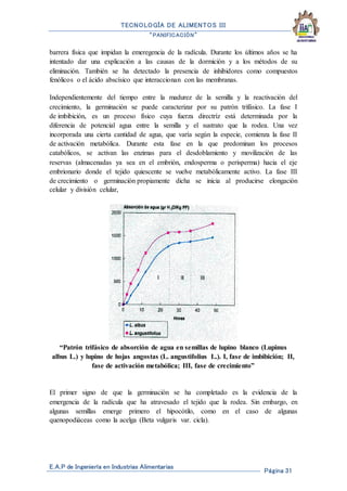TECNOLOGÍA DE ALIMENTOS III
“PANIFICACIÓN”
E.A.P de Ingeniería en Industrias Alimentarias
Página 31
barrera física que impidan la emeregencia de la radícula. Durante los últimos años se ha
intentado dar una explicación a las causas de la dormición y a los métodos de su
eliminación. También se ha detectado la presencia de inhibidores como compuestos
fenólicos o el ácido abscísico que interaccionan con las membranas.
Independientemente del tiempo entre la madurez de la semilla y la reactivación del
crecimiento, la germinación se puede caracterizar por su patrón trifásico. La fase I
de imbibición, es un proceso físico cuya fuerza directríz está determinada por la
diferencia de potencial agua entre la semilla y el sustrato que la rodea. Una vez
incorporada una cierta cantidad de agua, que varía según la especie, comienza la fase II
de activación metabólica. Durante esta fase en la que predominan los procesos
catabólicos, se activan las enzimas para el desdoblamiento y movilización de las
reservas (almacenadas ya sea en el embrión, endosperma o perisperma) hacia el eje
embrionario donde el tejido quiescente se vuelve metabólicamente activo. La fase III
de crecimiento o germinación propiamente dicha se inicia al producirse elongación
celular y división celular,
“Patrón trifásico de absorción de agua en semillas de lupino blanco (Lupinus
albus L.) y lupino de hojas angostas (L. angustifolius L.). I, fase de imbibición; II,
fase de activación metabólica; III, fase de crecimiento”
El primer signo de que la germinación se ha completado es la evidencia de la
emergencia de la radícula que ha atravesado el tejido que la rodea. Sin embargo, en
algunas semillas emerge primero el hipocótilo, como en el caso de algunas
quenopodiáceas como la acelga (Beta vulgaris var. cicla).
 