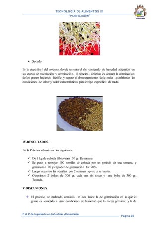 TECNOLOGÍA DE ALIMENTOS III
“PANIFICACIÓN”
E.A.P de Ingeniería en Industrias Alimentarias
Página 35
 Secado
Es la etapa final del proceso, donde se retira el alto contenido de humedad adquirido en
las etapas de maceración y germinación. El principal objetivo es detener la germinación
de los granos haciendo factible y seguro el almacenamiento de la malta , confiriendo las
condiciones de sabor y color característicos para el tipo especifico de malta
IV.RESULTADOS
En la Práctica obtuvimos los siguientes:
 De 1 kg de cebada Obtuvimos 30 gr. De merma
 Se puso a remojar 100 semillas de cebada por un periodo de una semana, y
germinaron 90 y el poder de germinación fue 90%
 Luego secamos las semillas por 2 semanas aprox. y se tuesto.
 Obtuvimos 2 bolsas de 300 gr. cada una sin tostar y una bolsa de 300 gr.
Tostada.
V.DISCUSIONES
El proceso de malteado consistió en dos fases: la de germinación en la que el
grano es sometido a unas condiciones de humedad que lo hacen germinar, y la de
 