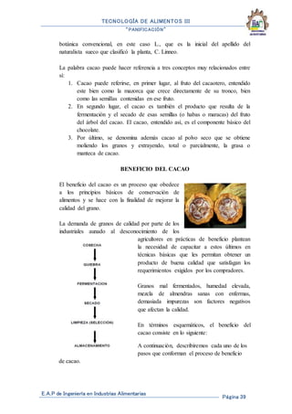 TECNOLOGÍA DE ALIMENTOS III
“PANIFICACIÓN”
E.A.P de Ingeniería en Industrias Alimentarias
Página 39
botánica convencional, en este caso L., que es la inicial del apellido del
naturalista sueco que clasificó la planta, C. Linneo.
La palabra cacao puede hacer referencia a tres conceptos muy relacionados entre
sí:
1. Cacao puede referirse, en primer lugar, al fruto del cacaotero, entendido
este bien como la mazorca que crece directamente de su tronco, bien
como las semillas contenidas en ese fruto.
2. En segundo lugar, el cacao es también el producto que resulta de la
fermentación y el secado de esas semillas (o habas o maracas) del fruto
del árbol del cacao. El cacao, entendido así, es el componente básico del
chocolate.
3. Por último, se denomina además cacao al polvo seco que se obtiene
moliendo los granos y extrayendo, total o parcialmente, la grasa o
manteca de cacao.
BENEFICIO DEL CACAO
El beneficio del cacao es un proceso que obedece
a los principios básicos de conservación de
alimentos y se hace con la finalidad de mejorar la
calidad del grano.
La demanda de granos de calidad por parte de los
industriales aunado al desconocimiento de los
agricultores en prácticas de beneficio plantean
la necesidad de capacitar a estos últimos en
técnicas básicas que les permitan obtener un
producto de buena calidad que satisfagan los
requerimientos exigidos por los compradores.
Granos mal fermentados, humedad elevada,
mezcla de almendras sanas con enfermas,
demasiada impurezas son factores negativos
que afectan la calidad.
En términos esquemáticos, el beneficio del
cacao consiste en lo siguiente:
A continuación, describiremos cada uno de los
pasos que conforman el proceso de beneficio
de cacao.
 
