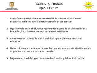 LOGROS ESPERADOS
                              Rgro. + Futuro


1. Reforzaremos y ampliaremos la participación de la sociedad en la acción
   educadora, hacia una educación transformadora y con sentido.

2. Lograremos la igualdad educativa y superar toda forma de discriminación en la
   Educación, hacia la cobertura total con el servicio-Derecho

3. Aumentaremos la oferta de educación inicial y potenciaremos su carácter
   educativo.

4. Universaliceramos la educación preescolar, primaria y secundaria y facilitaremos la
   ampliación al acceso a la educación superior.

5. Mejoraremos la calidad y pertinencia de la educación y del currículo escolar
 
