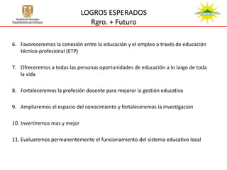 LOGROS ESPERADOS
                                 Rgro. + Futuro

6. Favoreceremos la conexión entre la educación y el empleo a través de educación
   técnico-profesional (ETP)

7. Ofreceremos a todas las personas oportunidades de educación a lo largo de toda
   la vida

8. Fortaleceremos la profesión docente para mejorar la gestión educativa

9. Ampliaremos el espacio del conocimiento y fortaleceremos la investigacion

10. Invertiremos mas y mejor

11. Evaluaremos permanentemente el funcionamiento del sistema educativo local
 