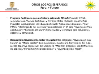 OTROS LOGROS ESPERADOS
                              Rgro. + Futuro


•   Programa Pertinencia para un Sistema articulado PESIAR: Proyecto IETISA,
    segunda etapa, “Somos Bachilleres y Técnicos (Doble titulación con el SENA),
    Proyectos Institucionales de Educación Sexual y Ambientales Escolares, PIES y
    PRAES, “Identificando mis intereses y competencias en 9º para Proyectos de Vida
    oportunos” y “Conexión al Futuro”: Conectividad y tecnología para estudiantes,
    docentes y comunidad.

•   Desarrollo Institucional: Bienestar y Escuela: Inter-colegiados “Jóvenes con más
    Futuro”, La “Media Escolar”, Con más valores, más Futuro, Proyecto mi Bici II, Los
    Juegos deportivo-recreativos del Magisterio “Maestros al recreo”, Día del Maestro,
    día Especial, “Por cumplir me puedo cuidar” y “Vivienda propia, mejor”.
 