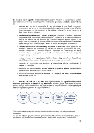 10 
Las líneas de acción sugeridas para la internacionalización y atracción de inversiones, en función 
de la información relevada podrían resumirse en términos generales, para todas las actividades 
en: 
• Acciones  que  apoyen  el  desarrollo  de  las  actividades  a  nivel  local,  repercuten 
positivamente  de  cara  a  la  internacionalización  (ej:  sponsoramiento‐premios,  difusión, 
infraestructura para el entrenamiento en vías públicas, señalización, acceso regulado a la 
playa y otros terrenos públicos). 
• Acciones que faciliten la salida y entrada de animales a competir localmente y al exterior 
aumentan  el  nivel  competitivo  de  la  producción26
,  alimentan  la  imagen  internacional  y 
mejoran  los  valores  de  los  animales  (ej:  pasaporte  regional  equino,  apoyos  a  las 
delegaciones en competencias internacionales, organización de eventos internacionales en 
el país, trabajar sobre alternativas para la baja de costos del transporte internacional). 
• Acciones  específicas  de  conocimiento  y  desarrollo  de  mercados  para  la  colocación  de 
animales  y  atracción  de  inversores  (ej:  estudios  de  mercado,  participación  en  ferias, 
misiones  comerciales  y  misiones  inversas,  evaluación  de  alternativas  de  fletes 
internacionales  más  competitivos,  posibilidad  de  televisación  internacional  de  las 
principales competencias). 
• Consideraciones a nivel impositivo que faciliten el comercio y estimulen el desarrollo de 
la actividad, unidas al objetivo de transparentar el comercio internacional. 
• Evaluación  de  alternativas  para  disminuir  la  informalidad  laboral,  minimizando  el 
impacto en el empleo. 
• Exploración  de  alternativas  para  brindar  mayores  atractivos  al  público  en  general  que 
pueda concurrir a los diferentes eventos ecuestres. 
• Acciones  tendientes  a  aumentar  el  número  y  la  calidad  de  los  jinetes  y  profesionales 
especializados del sector. 
 
 
TURISMO  DE  EVENTOS  ECUESTRES:  Este  segmento  tiene  una  significación  económica 
relevante, aportando en el entorno de U$S 41 millones anuales27
, según estimaciones realizadas 
en este trabajo, habiéndose relevado a su vez un total de aproximadamente 1.100 eventos por 
año, que se pueden segmentar de la siguiente forma: 
 
RAID
CRIOLLAS & 
FIESTAS 
NATIVISTAS
PRUEBAS 
FUNCIONALES  
EXPOSICIONES 
Y REMATES
EQUITACIÓN
ENDURO
POLO
HÍPICA
 
 
26
 Posibilidad de testear y foguear animales y jinetes con mayor frecuencia y en mayores niveles de 
competencia 
27
 A esta cifra deberían agregarse un monto aproximado a los U$S 12 millones anuales atribuible a gastos en 
indumentaria asociados a la concurrencia del público a eventos como criollas y fiestas tradicionalistas. 
 