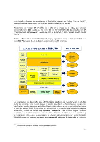107 
La  actividad  en  Uruguay  es  regulada  por  la  Asociación  Uruguaya  de  Enduro  Ecuestre  (AUDEE) 
integrante a su vez de la Federación Uruguaya de Deportes Ecuestres (FUDE). 
 
Actualmente  se  realizan  27  EVENTOS  en  el  año  en  el  marco  de  la  FEEU,  que  totalizan 
aproximadamente  120  pruebas  de  las  cuales  10  son  INTERNACIONALES.  Los  circuitos  son:  LA 
PERSEVERANCIA,  JACKSONVILLE, LAS BRUJAS, MELO, DURAZNO, FLORES, YOUNG, MINAS, PUNTA 
DEL ESTE.  
 
También la Sociedad de Caballos Criollos del Uruguay organiza un campeonato nacional de la raza 
con 5 FECHAS anuales, donde participan aproximadamente 55 binomios. 
 
CRIADORES
PROPIETARIOS
JINETES
PROF. VET
ALIMEN‐
TACIÓN
SANIDAD
PENSIO‐
NADOS
DOM, HERR, 
PEONES
ANIMALES
ACTIVIDAD  
SERVICIOS
EQUIP. 
CAB & JIN
TRANS‐
PORTE
MEDIOS 
COMUNIC
S.FINANC.
SEGUROS
Caminera, Aduana, 
MGAP,  IIMM, 
AUDEE ‐ FUDE
MAPA de ACTORES LOCALES de ENDURO
CENTROS de ENTRENAMIENTO
COMERCIA‐
LIZADORES
ORGANIZADORES COMPETENCIAS
EXPORTACIONES
FRIGO‐
RÍFICOS
ENTRENA‐
DORES
SPON‐
SORS
SEMEN
TELEVI‐
ZACIÓN
CARNE
PROV & 
SERV. 
EVENTOS
PUBLICO
 
 
 
Los propietarios que desarrollan esta actividad como pasatiempo o negocio175
, son el principal 
motor de la misma.  En la medida de que no existen apuestas ni se han instaurado aún premios 
significativos para los ganadores a nivel local, la actividad se financia casi en su totalidad en base a 
la inversión y gasto de los propietarios. No obstante con el incipiente desarrollo del mercado de 
exportación,  existe  un  interesante  incentivo  económico,  para  quienes  logren  animales 
competitivos  a  nivel  internacional.  Este  incentivo,  determina  también  que  se  especialicen  y 
profesionalicen eslabones de la cadena como la cría, selección, entrenamiento y comercialización 
dándole forma a una industria que se encuentra en estado incipiente de desarrollo. Se estimaron 
175
 Criadores que conservan animales para su venta en actividad. 
 
