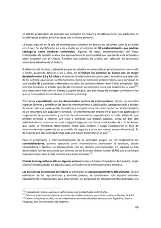 108 
en 400 los propietarios de animales que compiten en enduro y en 500 los jinetes que participan en 
las diferentes pruebas (muchas veces son la misma persona). 
 
La especialización en la cría de animales para competir en Enduro es tan joven como la actividad 
en el  país.  Se  identificaron  en  este estudio en el  entorno  de  30  establecimientos  que  podrían 
catalogarse  como  criadores  comerciales.  Algunos  de  estos  emprendimientos  son  haras 
tradicionales de caballos árabes que aprovecharon la oportunidad que representa esta actividad y 
otros  surgieron  con  el  Enduro.  También  hay  cabañas  de  criollos  con  selección  en  resistencia 
orientadas actualmente al Enduro. 
 
A diferencia de la hípica , actividad en que los caballos se comercializan principalmente con un año 
y  medio,  pudiendo  debutar  a  los  2  años,  en  el  Enduro  los  animales  se  doman  con  un  mayor 
desarrollo entre 3,5 y 4,5 años y al alcanzar la edad suficiente para correr, se realiza una selección 
de los animales que pasan a entrenamiento. Como se mencionó anteriormente, para participar en 
una prueba FEI y comenzar a demostrar su valor, los animales deben tener 6 años cumplidos. Este 
proceso demanda, al criador que decide conservar sus animales hasta que maximicen su valor176
, 
una importante inversión en tiempo y capital de giro, con alto riesgo de malograr animales en los 
que se ha invertido mucho dinero en crianza y training. 
 
Otro  actor  especializado  son  los  denominados  centros  de  entrenamiento,  donde  los  animales 
ingresan jóvenes y completan las fases de entrenamiento y clasificación, agregando valor a efectos 
de comercializarse o para poder trasladarse a competir a los mercados de destino si el propietario 
es un extranjero que paga por el servicio.  El crecimiento del enduro en el país trajo aparejado el 
surgimiento  de  pensionados  y  centros  de  entrenamiento  especializados  en  esta  actividad,  que 
brindan  servicios  a  terceros  y/o  crían  y  entrenan  sus  propios  caballos.  Cerca  de  diez  (10) 
establecimientos entrarían en esta categoría (algunos son haras tradicionales de cría de árabes 
que  como  se  mencionó  desarrollaron  líneas  para  enduro  y  luego  incorporaron  la  fase  de 
entrenamiento/competencia en su modelo de negocios y otros son nuevos emprendimientos).  Es 
de esperar que esta actividad tenga cada vez mayor desarrollo en el país177
. 
 
Para  el  crecimiento  e  internacionalización  de  la  actividad,  juegan  un  rol  fundamental  los 
comercializadores,  quienes  operando  como  intermediarios  promueven  la  actividad,  atraen 
compradores  y  facilitan  las  transacciones  con  los  clientes  internacionales.  En  especial  se  han 
desarrollado fuertes relaciones con clientes de los Emiratos Árabes Unidos (EAU) que es principal 
mercado importador a nivel mundial para estos animales178
. 
 
El nivel de integración es alto en algunos actores locales y Criador, Propietario, Entrenador, Jinete 
y hasta Comercializador en algunos casos, se funden en la misma persona o empresa.  
 
Las existencias de animales de Enduro se estimaron en aproximadamente 4.300 animales. Para la 
estimación  de  los  reproductores  y  animales  jóvenes,  se  consideraron  solo  aquellos  animales 
especialmente seleccionados para esta función, en propiedad de establecimientos dedicados a la 
176
 El caballo de Enduro, avanza en performance con la edad hasta los 8‐10 años.
177
 Existe ya  inversión extranjera en este tipo de establecimientos  prestando servicios a clientes de EAU. 
178
 Comercializadores locales, a su vez intermedian animales de países vecinos como Argentina, Brasil o 
Paraguay, para los mercados más exigentes. 
 