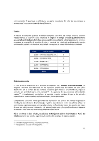 131 
entrenamiento.  Al  igual  que  en  el  Enduro,  una  parte  importante  del  valor  de  los  animales  se 
agrega con el entrenamiento y práctica del deporte. 
 
 
Empleo 
 
A  efectos  de  comparar  puestos  de  tiempo  completo  con  otros  de  tiempo  parcial  y  servicios 
independientes, el cuadro muestra el número de empleos de tiempo completo que teóricamente 
generaría la actividad con el nivel de remuneración mensual del la primer columna. En términos 
generales  la  generación  de  empleo  directo  es  marginal  no  existiendo  prácticamente  puestos 
permanentes, dada la zafralidad de la actividad, a excepción de los establecimientos criadores. 
 
 
$/mes  Tipo de Empleo  Nro 
13.000  FUNCIONARIOS ORG.ACT.  9 
10.000  PEONES Y OTROS  78 
15.000  DOMADORES  3 
15.000  HERRADORES  7 
40.000  VETERINARIOS  2 
TOTAL  92 
 
 
 
Dinámica económica 
 
El Valor Bruto de Producción de la actividad es cercano a los 2 millones de dólares anuales. Los 
mayores  consumos  son  realizados  por  los  jugadores  propietarios  de  caballos  de  polo  (86%) 
distribuidos  en  la  compra  de  los  animales  necesarios  para  reponer  anualmente  el  parque  de 
animales  en  actividad  (aprox.125),  sanidad219
,    la  apertura  de  las  pensiones  (alimentación, 
trabajo220
  e  instalaciones),  inscripciones  a  eventos  y  cuotas  sociales,  trasporte  de  animales 
especialmente para competir y equipamiento para jinetes y animales. 
 
Completan los consumos finales por orden de importancia los aportes del público vía gastos en 
eventos, las exportaciones de animales (se registran exportaciones en los tres últimos años) y el 
prorrateo de exportaciones de carne y subproductos en función del stock.  Los aportes por clases 
de polo son prácticamente inexistentes y la sponsorización poco relevante (comúnmente vía canje 
de bebidas) dado el escaso desarrollo y poder de convocatoria.  
 
No se considera en este estudio, la actividad de temporada estival desarrollada en Punta del 
Este básicamente por polistas argentinos, la cual tendría otro tipo de  sponsorización. 
 
219
 Sanidad incluye productos y asistencia veterinaria. 
220
 Trabajo abarca la cuida, herrada y doma. 
 