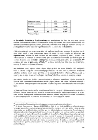 144 
Jurados de jinetes  3  800  2.400 
Jurados de caballos  3  800  2.400 
Relatores  2  5.000  10.000 
Cantores  1  5.000  5.000 
Total  32     35.700 
                                    *2 por palenque 
 
 
La  Sociedades  Nativistas  o  Tradicionalistas  son  asociaciones  sin  fines  de  lucro  que  recrean 
diversas tradiciones del universo rural mediante usos y costumbres; dan con su denominación una 
idea de sus cometidos (danzas, cantos, jineteadas, indumentarias, lenguaje,  comidas típicas), han 
participado en marchas a caballo llegando a recorrer en varios días hasta 500 kms.  
 
Están integradas por personas con arraigo a la tradición, pueden ser personas de campo o no, de 
todo  nivel  social  y  muy  heterogéneo  rango  de  edad.  En  este  estudio  se  relevaron  100 
organizaciones,  muchas  de  ellas  situadas  en  Tacuarembó,  Paysandú  y  rivera,  ligadas  a  las 
actividades de la fiesta de la Patria  Gaucha, pero otras tantas diseminadas por  todo el país. El 
número de socios varía entre 50 y 1.000 por asociación, por lo que se estima que cerca de 50.000 
personas  en  todo  el  país,  están  afiliadas247
  a  alguna  sociedad  de  éste  tipo,  con  importante 
número de jóvenes y niños participando. 
 
Hay diferentes tipos, algunas tienen tropilla propia y otras no, en las  primeras cada integrante 
tiene su caballo. En algunas sociedades se paga una cuota y el socio tiene la posibilidad de dejar el 
caballo a pastoreo en un predio provisto por la sociedad (Ej: Potros y Palmas, Montevideo). Lo 
usual es que el socio  tenga su tropilla para marchas y/o desfiles,  además de prestar a amigos. 
 
Los eventos pueden ser desfiles conmemorativos en diferentes localidades, criollas, pruebas de 
riendas, otras competencias de destrezas criollas (argolla, carrera  del cuero, carrera del dormido, ) 
248
. Los desfiles están principalmente asociados a las fechas patrias tanto de alcance nacional como 
local. 
 
La organización de eventos, en las localidades del interior con o sin criollas puede corresponder a 
diferente tipo de organizaciones entre las que se encuentran las sociedades nativistas. A su vez 
estas pueden participar de diferentes formas en estos eventos. La patria Gaucha en Tacuarembó 
es la máxima expresión en términos de confluencia de sociedades a un evento. 
 
247
 Además de los afiliados existen también seguidores no contemplados en este número. 
248
 Ej. Noticia Elacontecer.uy – Durazno 19/06/2010 :En el día de hoy desde las 11 horas se llevarán a cabo 
yerras  por  aparcerías  ,  pruebas  camperas  tales  como  piale,  monta  de  potro  por  gatera  y  otras  pruebas 
desarrolladas por las 12 sociedades nativistas que han sido invitadas para este evento. También durante 
toda la jornada tendrán lugar peñas folklóricas en el rancho de piedra y esta noche se realizará un gran baile 
con la presencia de Myriam Britos en la Sociedad Criolla Carlos Reyles. Para el día domingo se tiene previsto 
desde las 10 horas la realización de la primera fecha nacional de pruebas de rienda con la participación de 
niños, mujeres y hombres con un premio final consistente en una moto 0 km. Se dio cuenta que también 
durante toda la jornada dominical habrá música en vivo en el rancho de piedra. La entrada al Parque de la 
Hispanidad  será  gratuita,  solo  se  cobrará  el  vehículo,  mientras  que  el  domingo  se  estarán  cobrando  las 
gradas a 50 pesos 
 